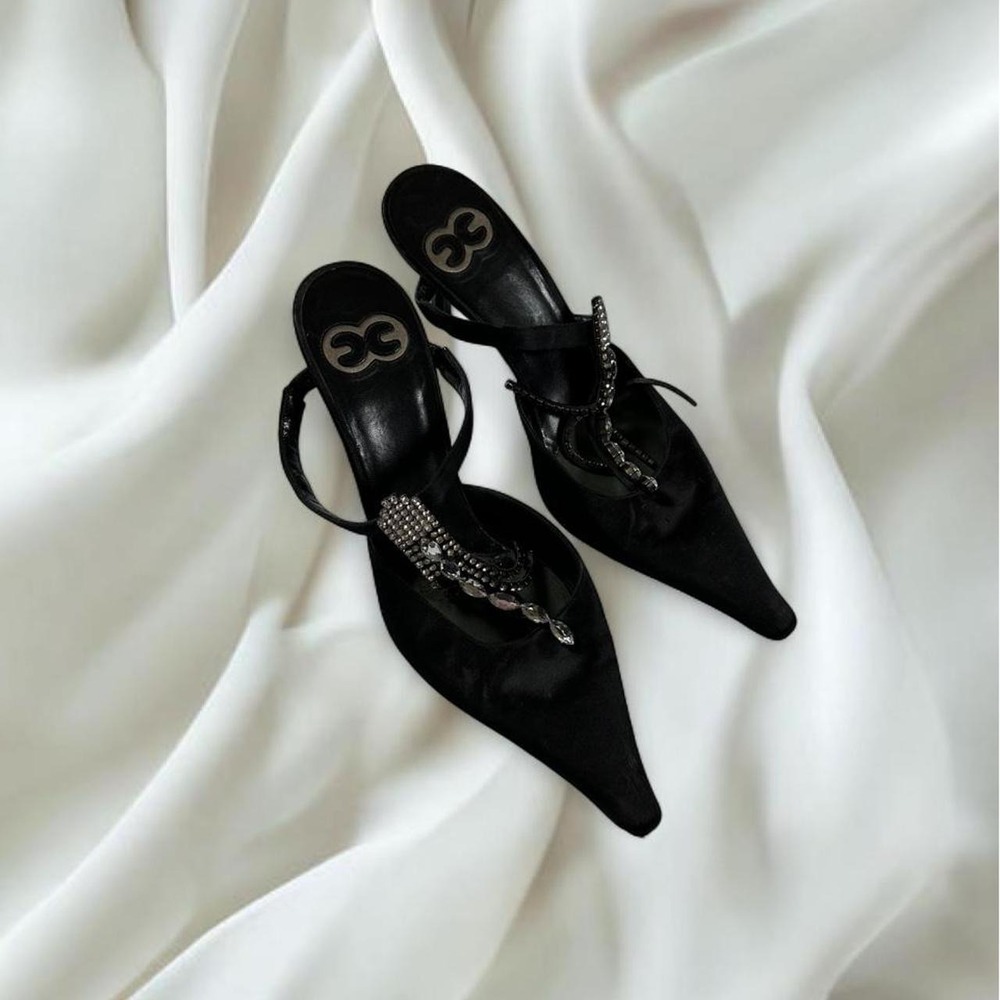 Escada black satin evening mules kitten heel pointed toe rhinestone y2k designer